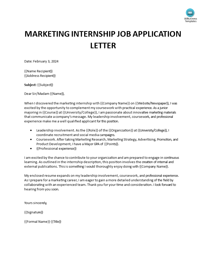 application letter for marketing internship modèles