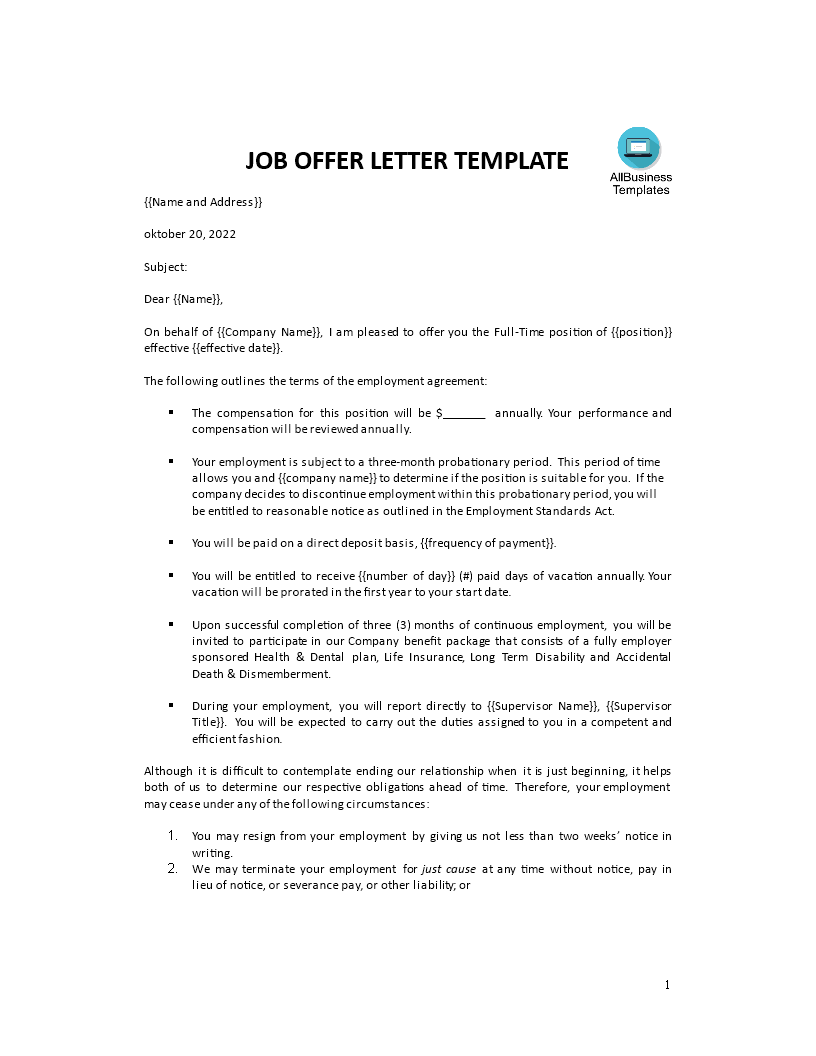 sample job offer letter template