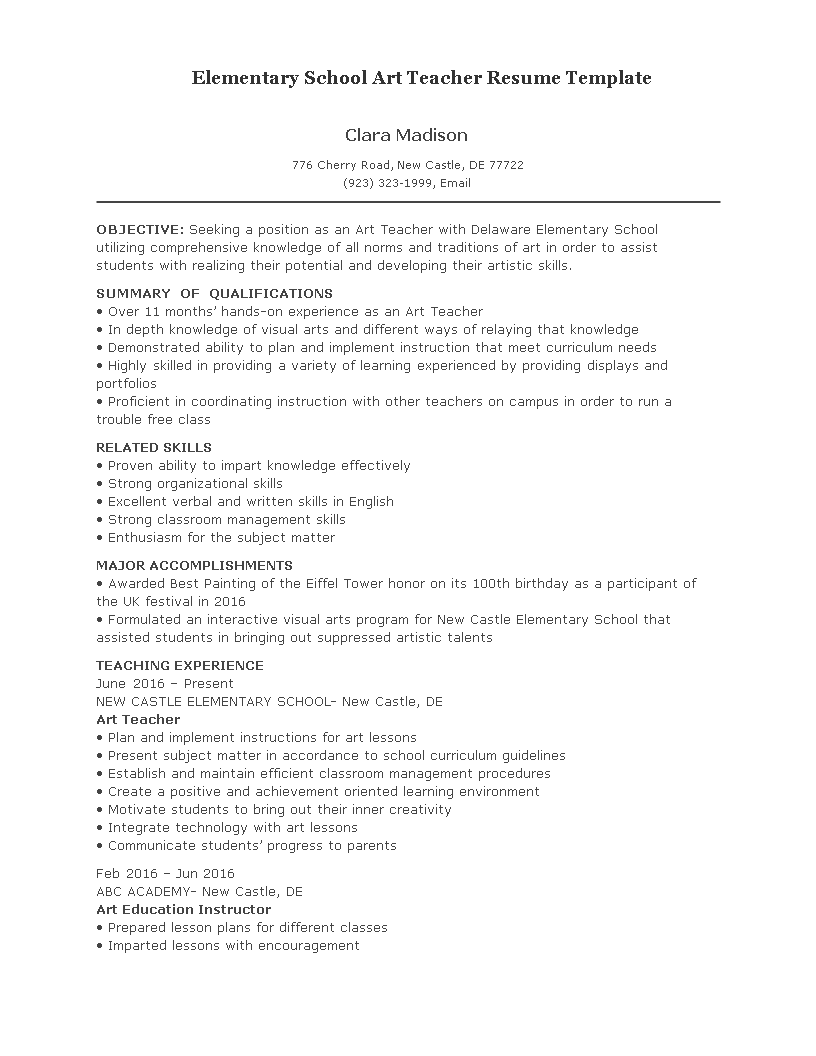 elementary school art teacher resume Hauptschablonenbild