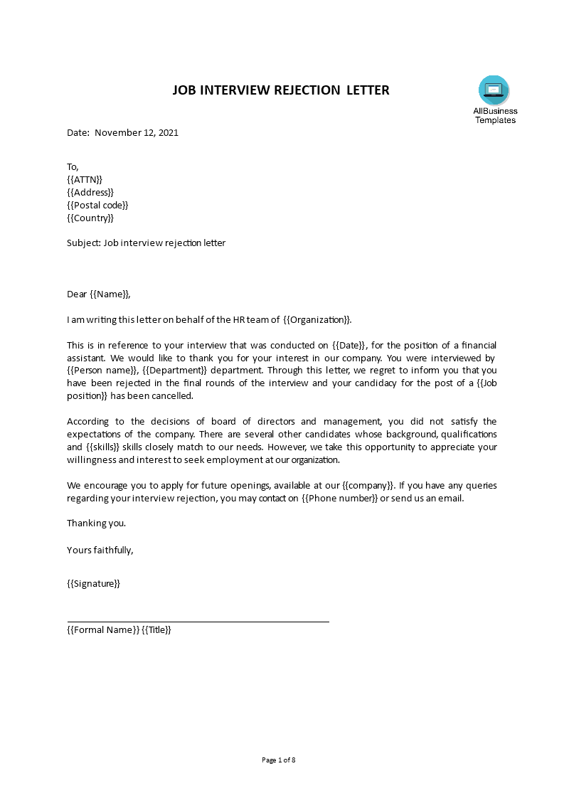 job interview rejection letter sample voorbeeld afbeelding 