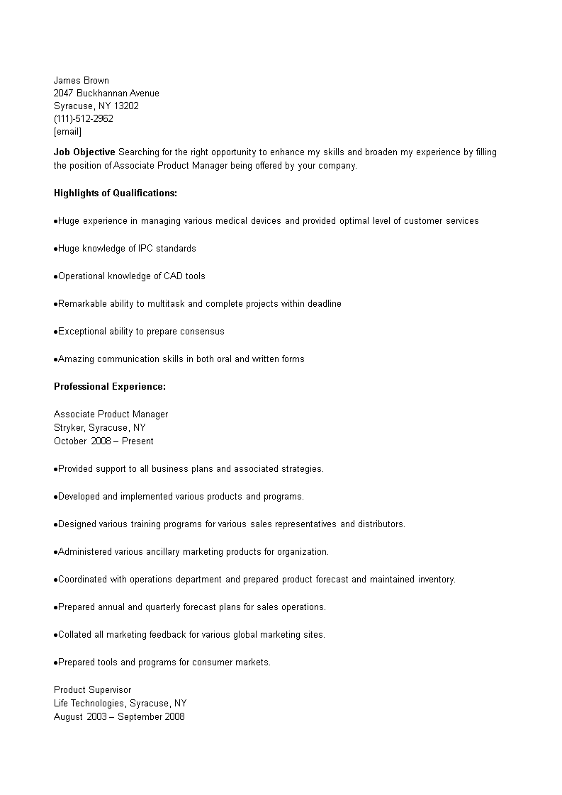 Associate Product Manager Resume 模板