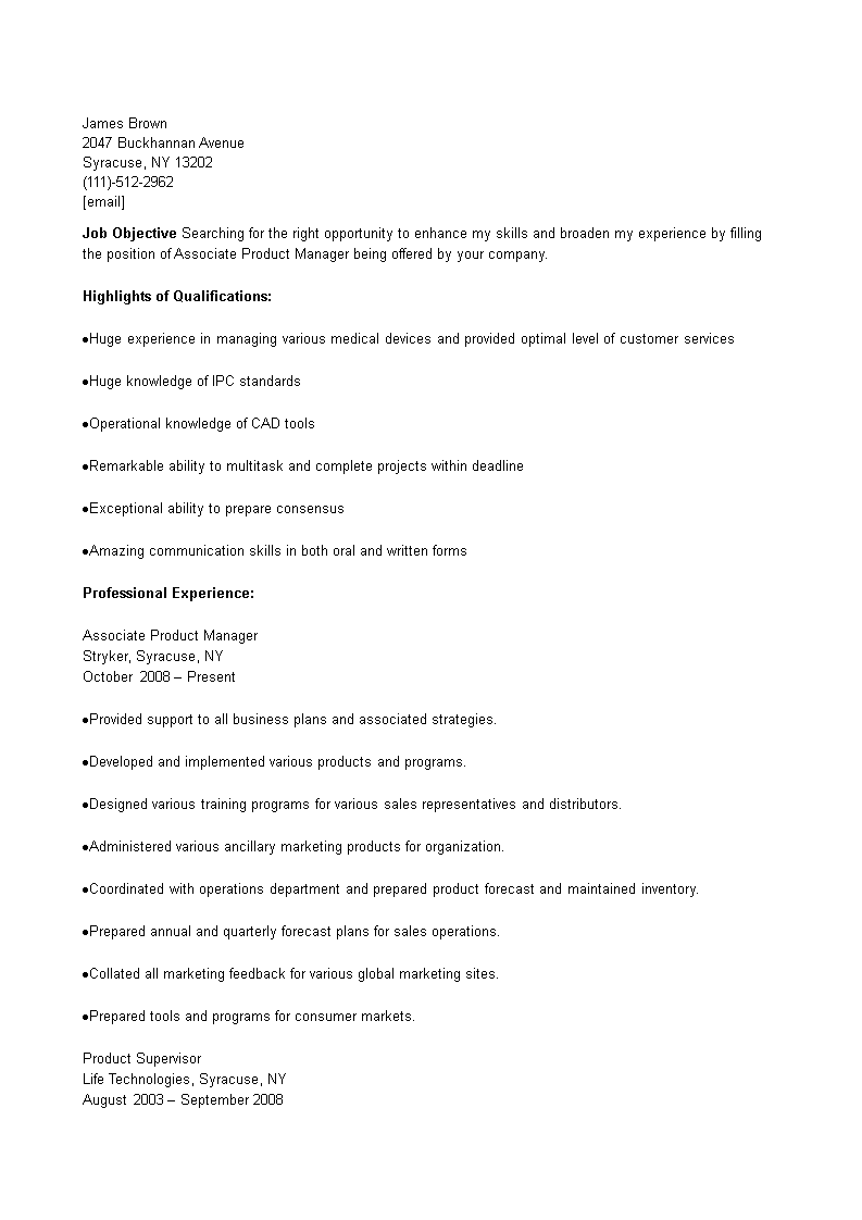 associate product manager resume plantilla imagen principal