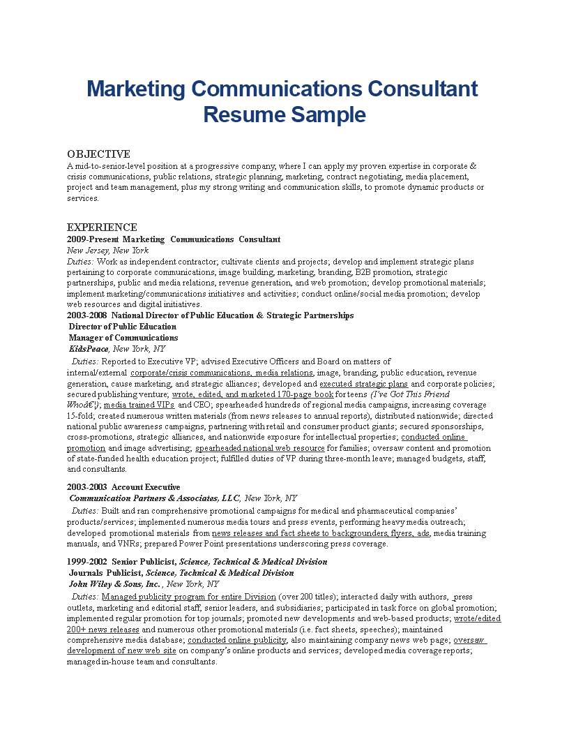 Marketing Communications Consultant Resume main image