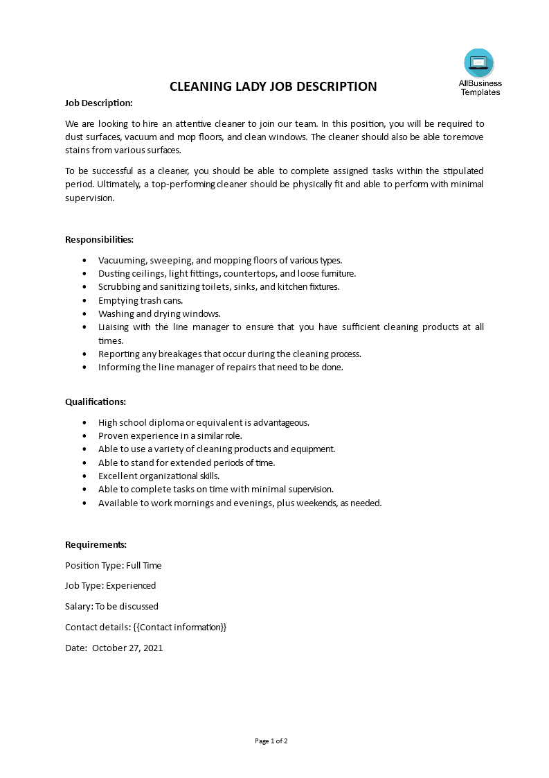 cleaning lady job description template