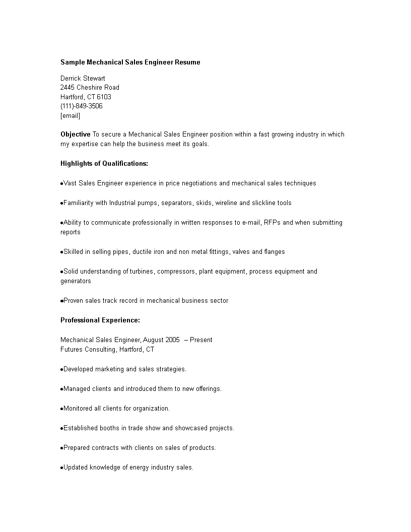 sales mechanical engineer resume modèles