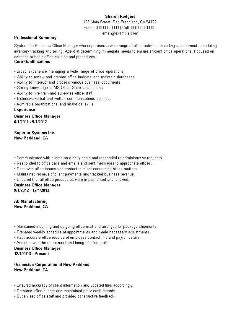 business office manager resume template