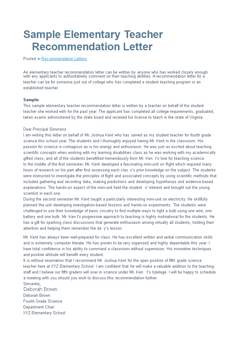 letter of recommendation for elementary teacher template