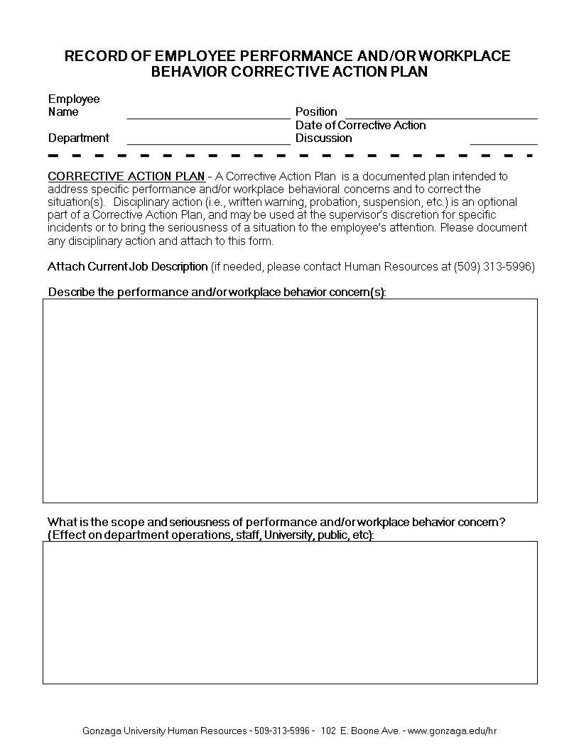 employee corrective action plan modèles