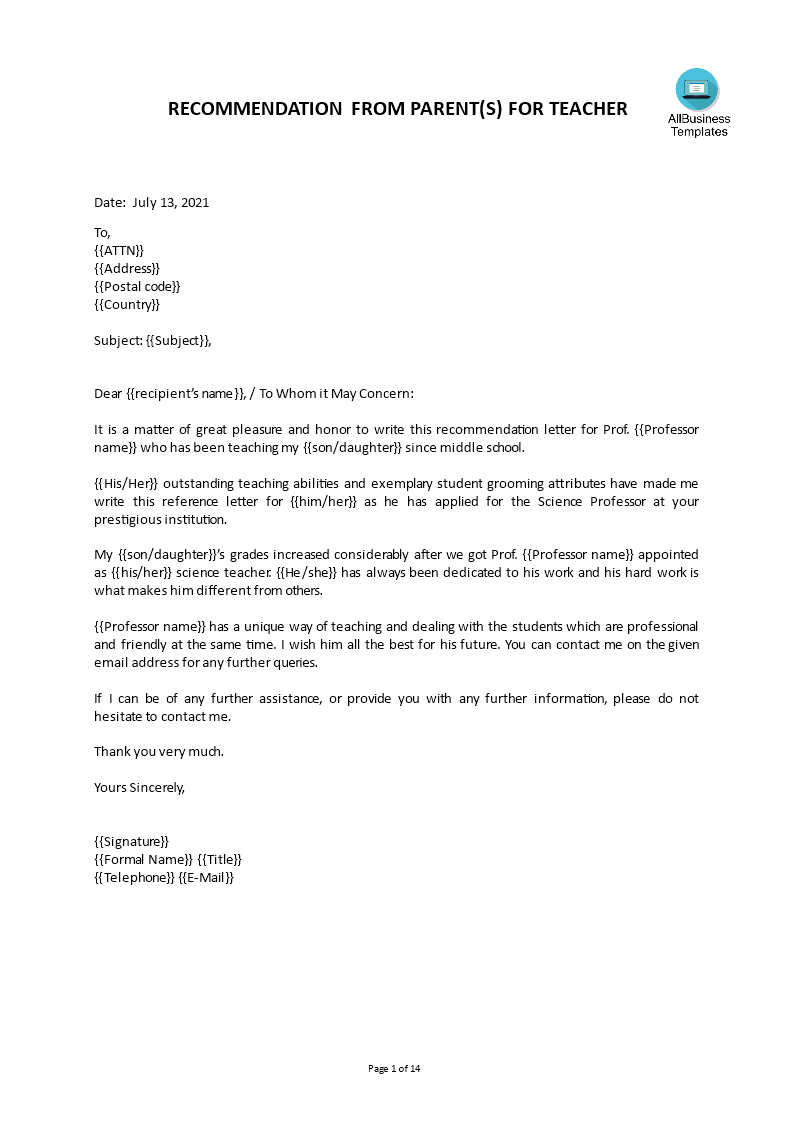Kostenloses Letter of Recommendation for Teacher From Parent