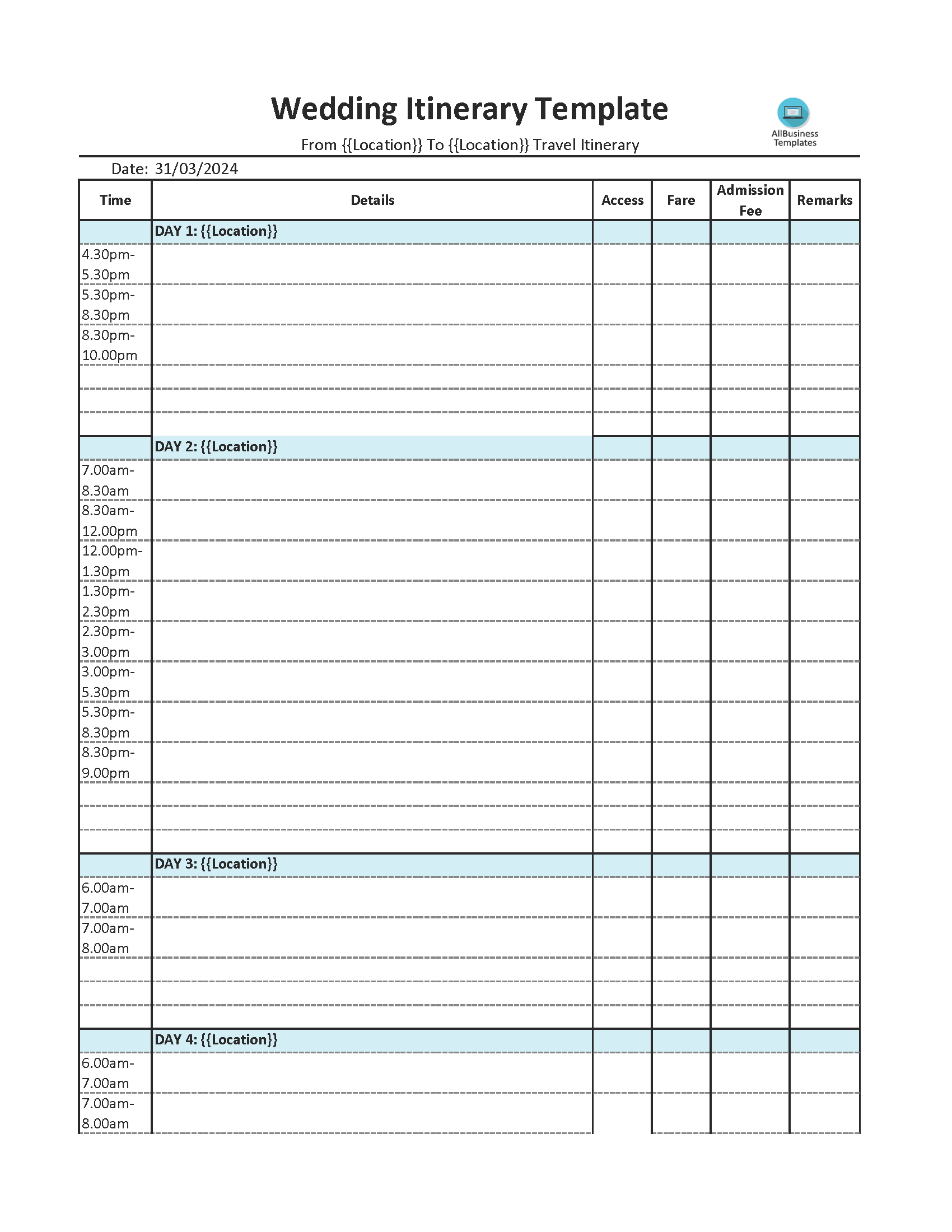 wedding itinerary excel template