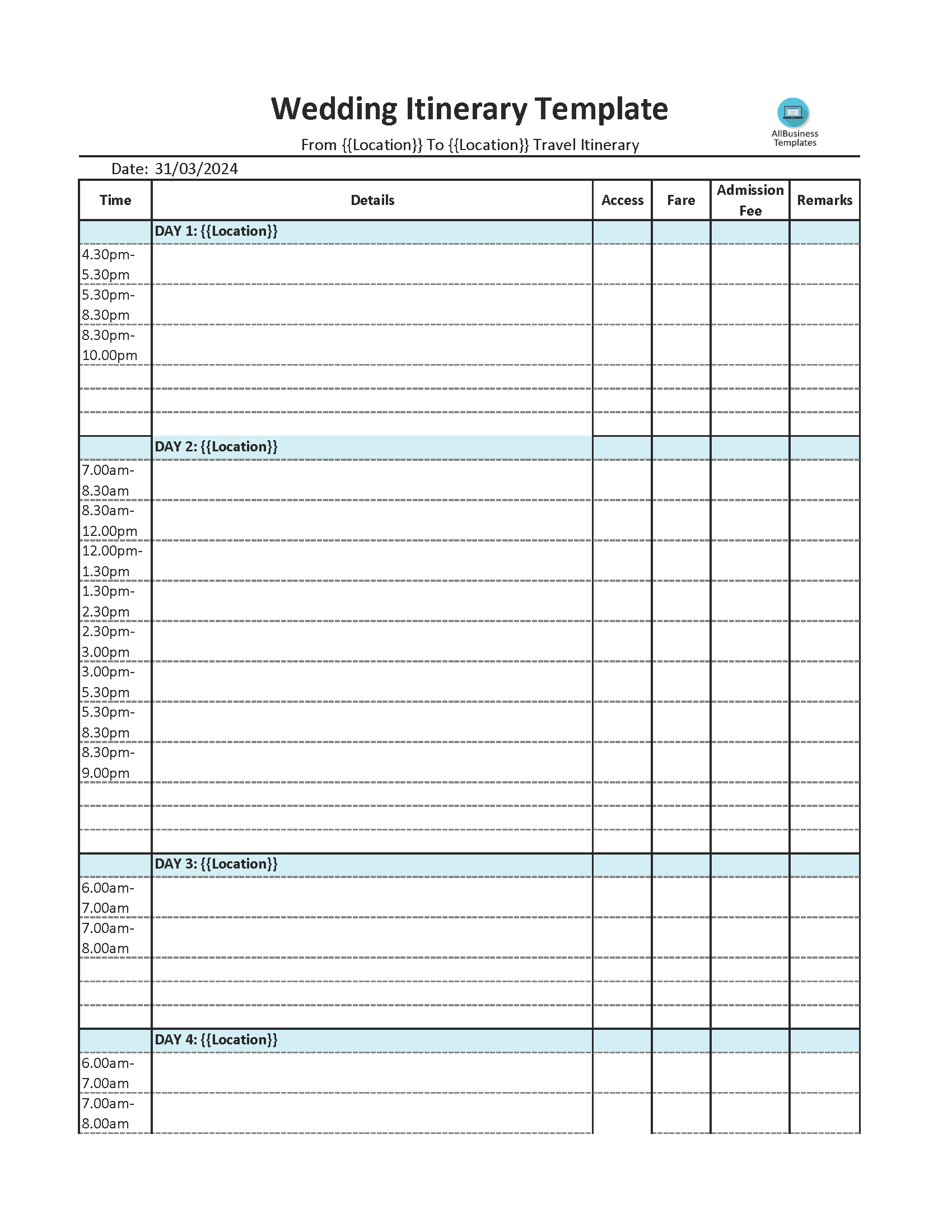 Wedding Itinerary Excel 模板