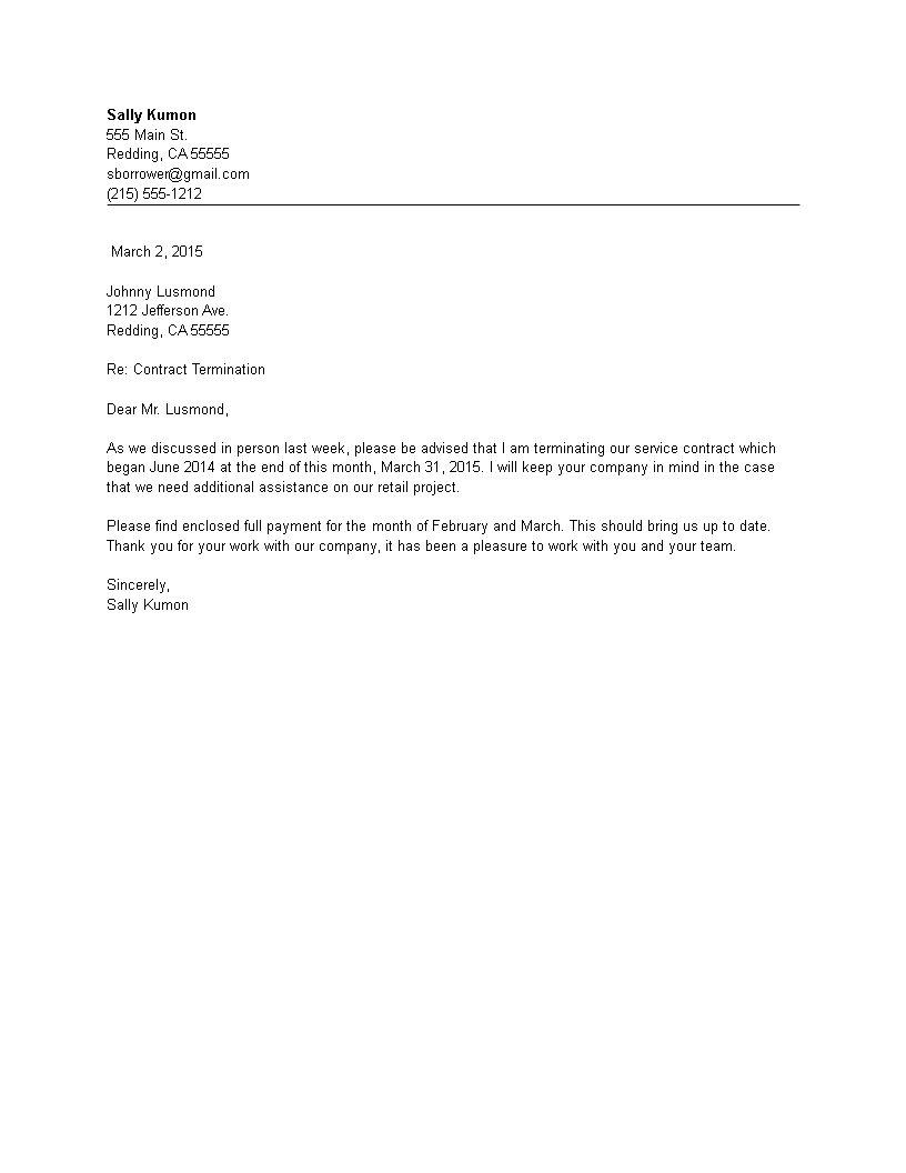 contract termination letter word template