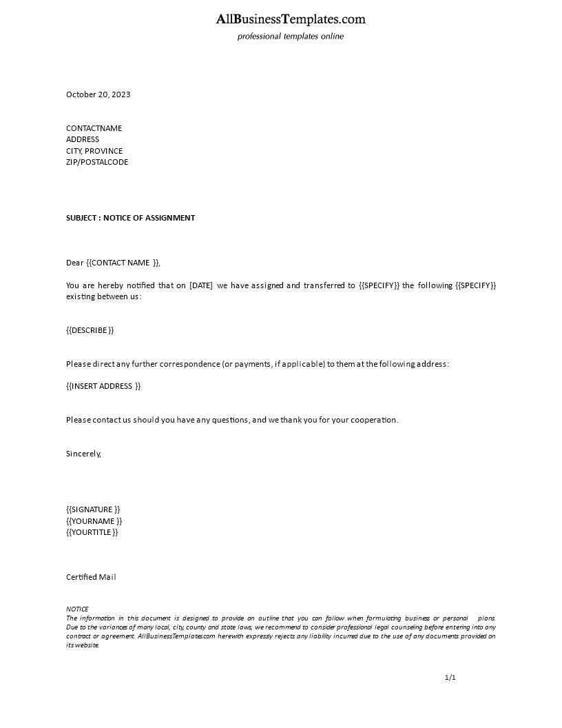 notice of assignment sample letter