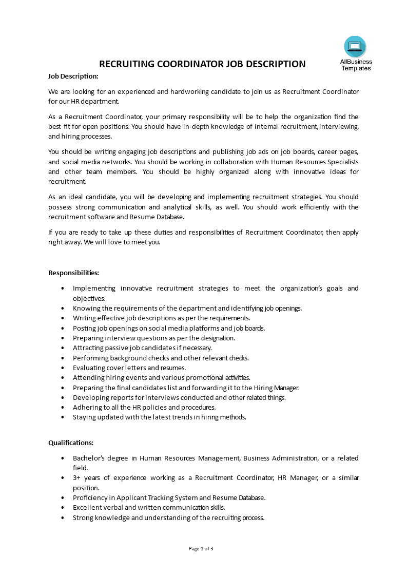 recruiting coordinator job description voorbeeld afbeelding 