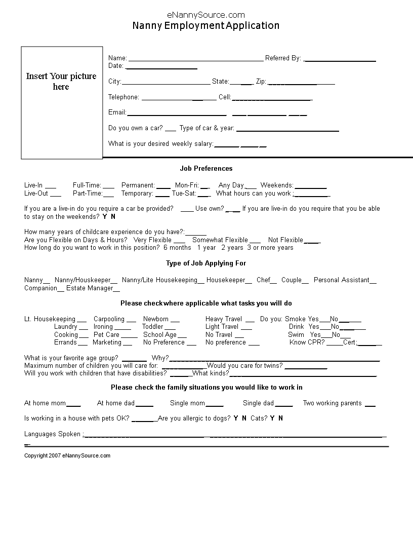 nanny job application template