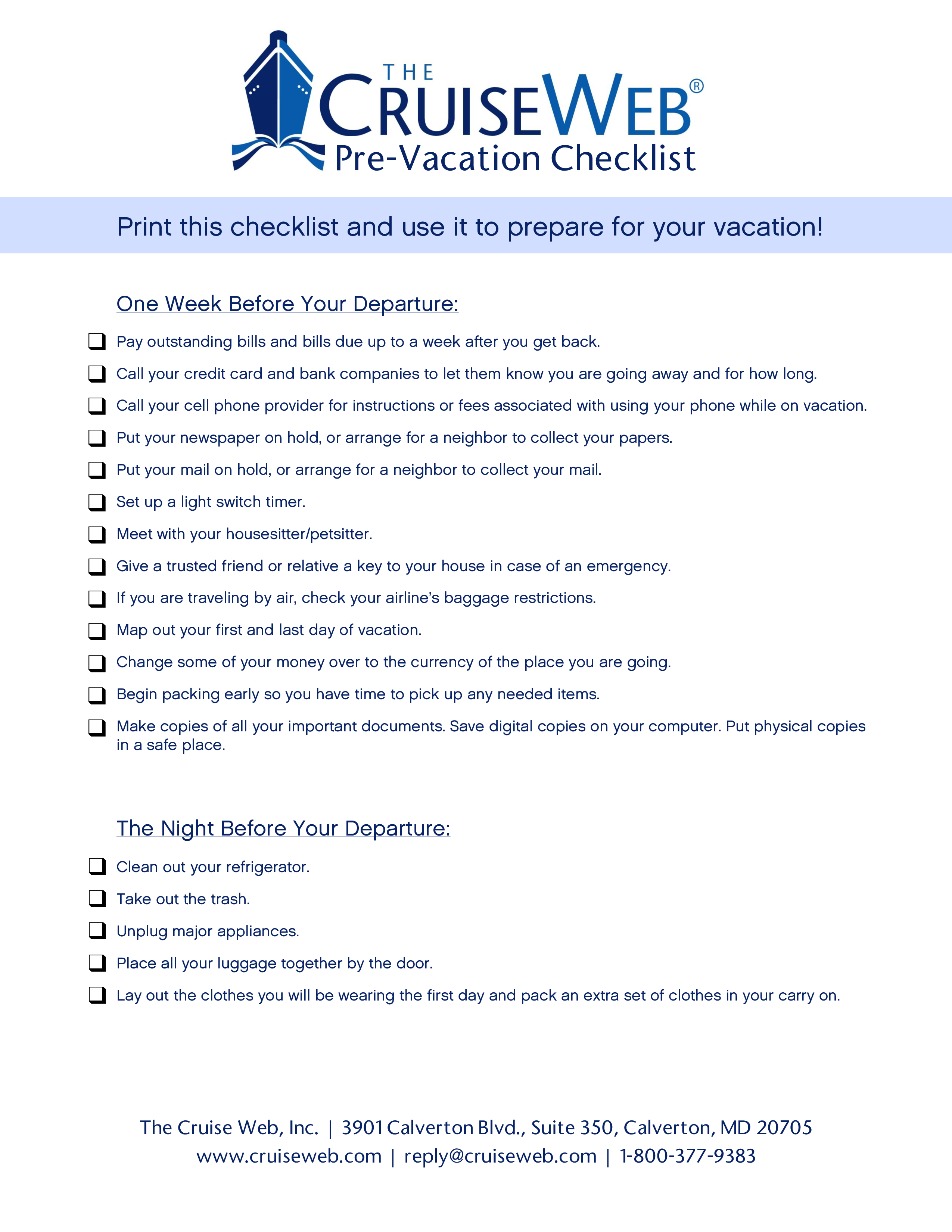 cruise line check list