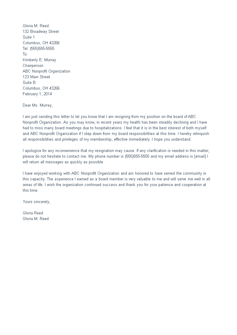non profit board resignation letter template