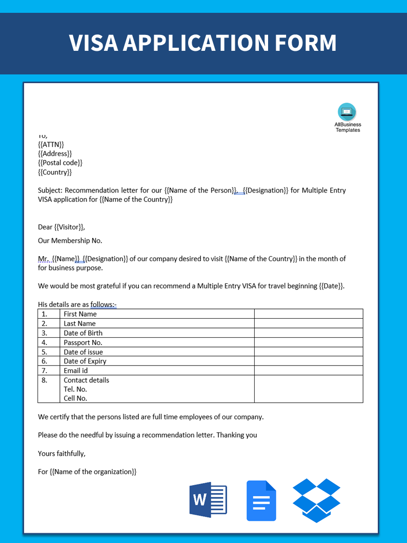 visa application letter format template