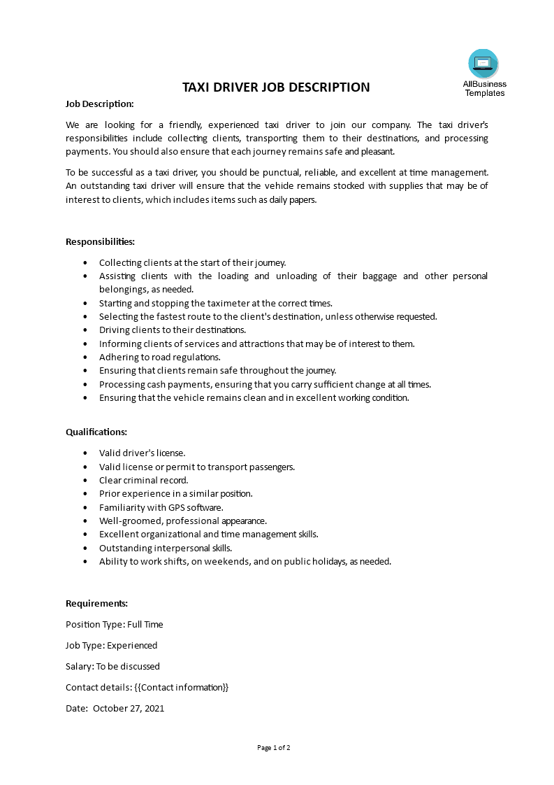 taxi driver job description template