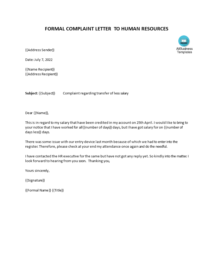 formal complaint letter to hr plantilla imagen principal