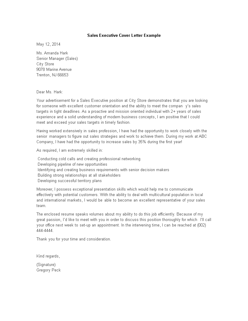 sample cover letter for sales executive