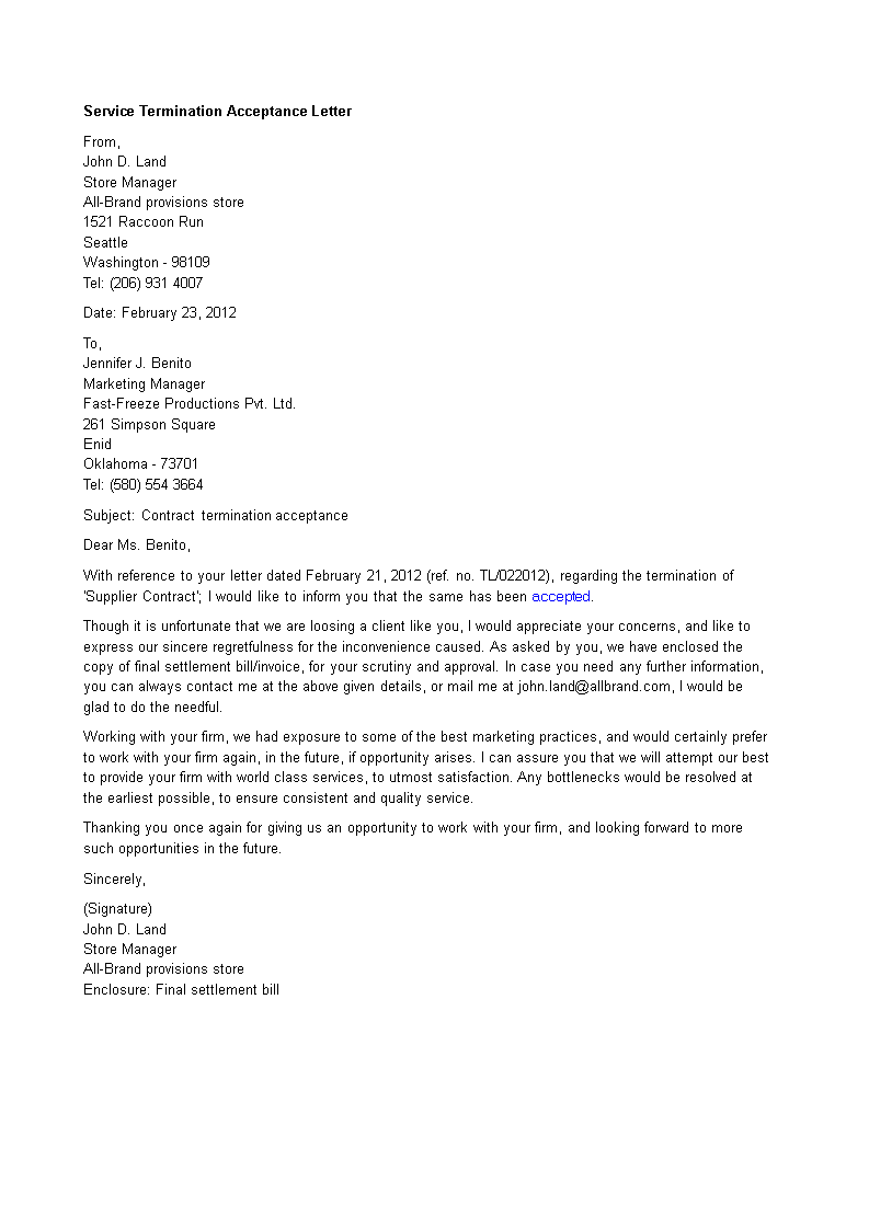 service termination acceptance letter template