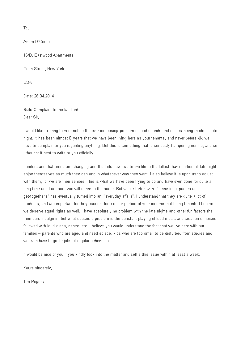 sample complaint letter to landlord template