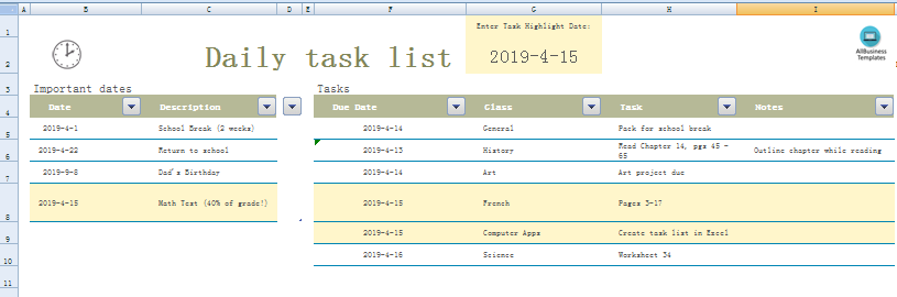 personal daily task list excel Hauptschablonenbild