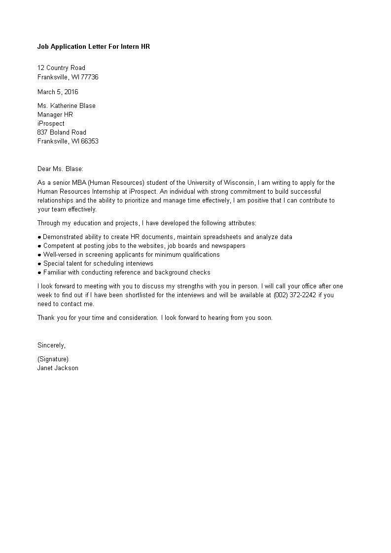 job application letter for intern hr template