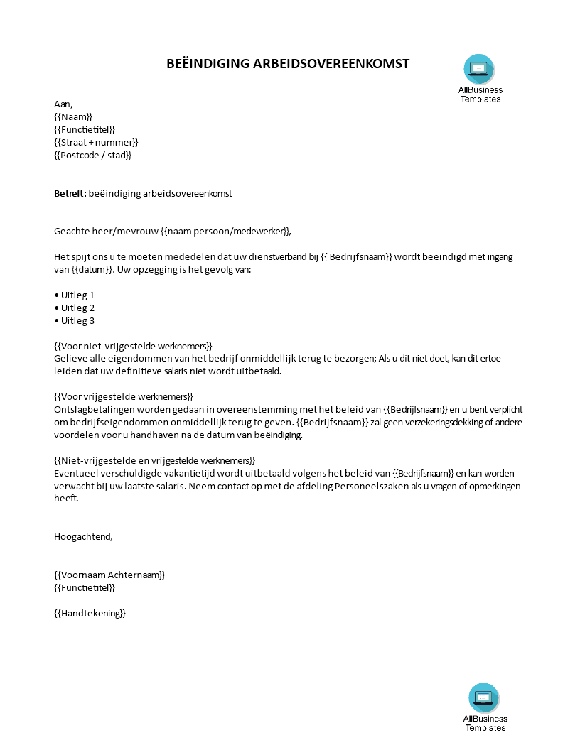 werknemer opzeggingsbrief modèles