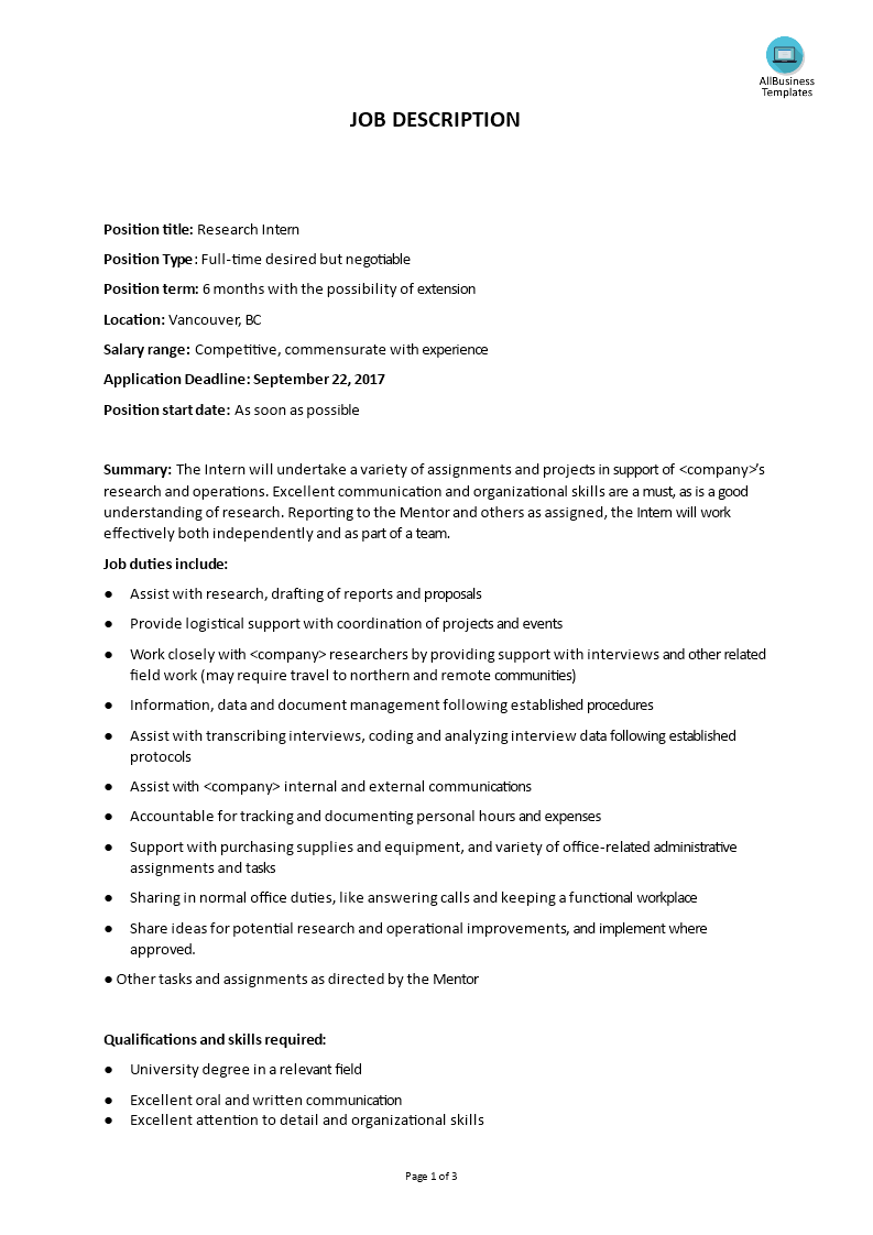 intern job description template