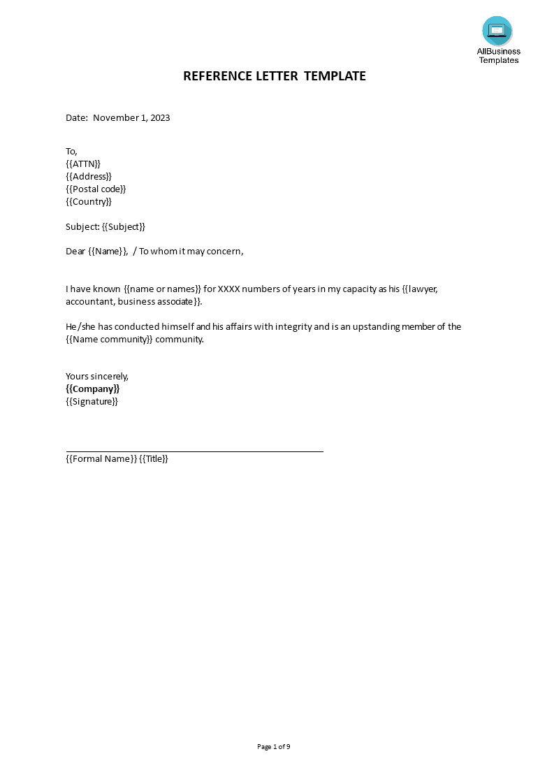 professional reference letter template