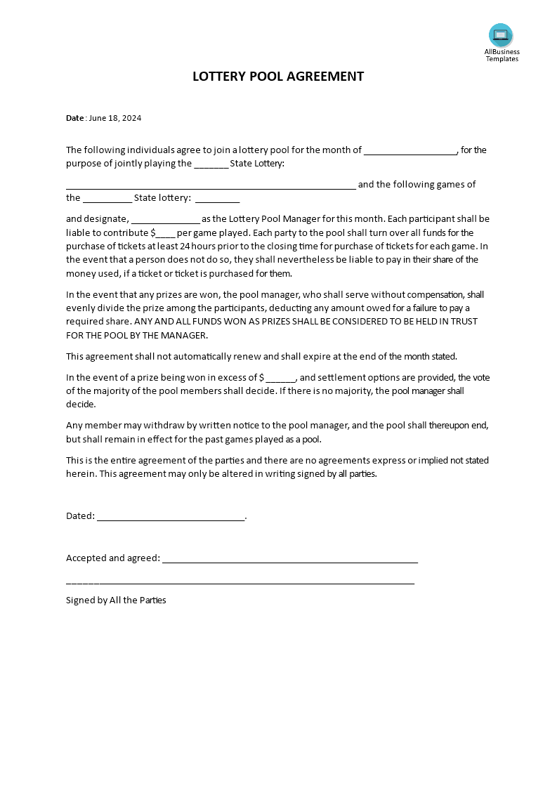 lottery pool agreement template template