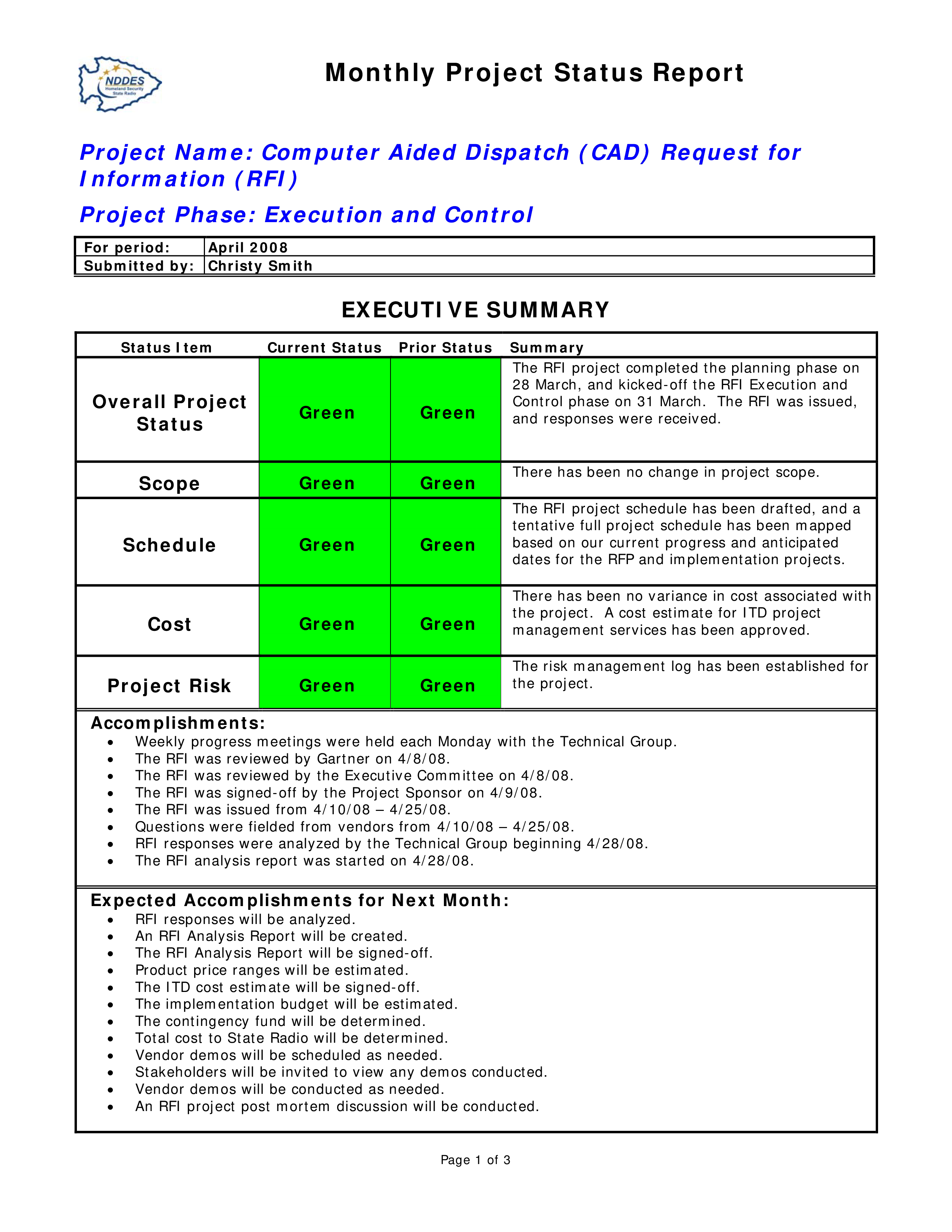 Kostenloses Monthly Status For Executive Summary Project Status Report Template