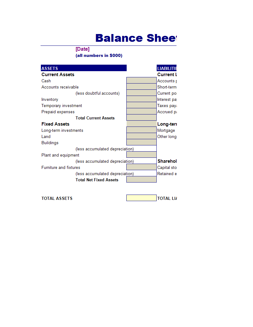 Balance Sheet assets, liabilities and capital 模板