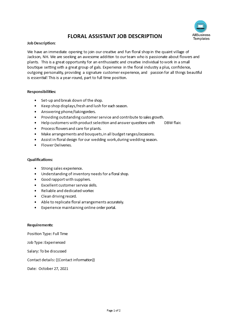 floral assistant job description template