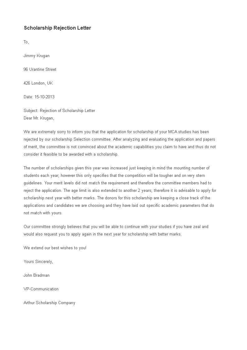 heartfelt scholarship rejection letter by donor template