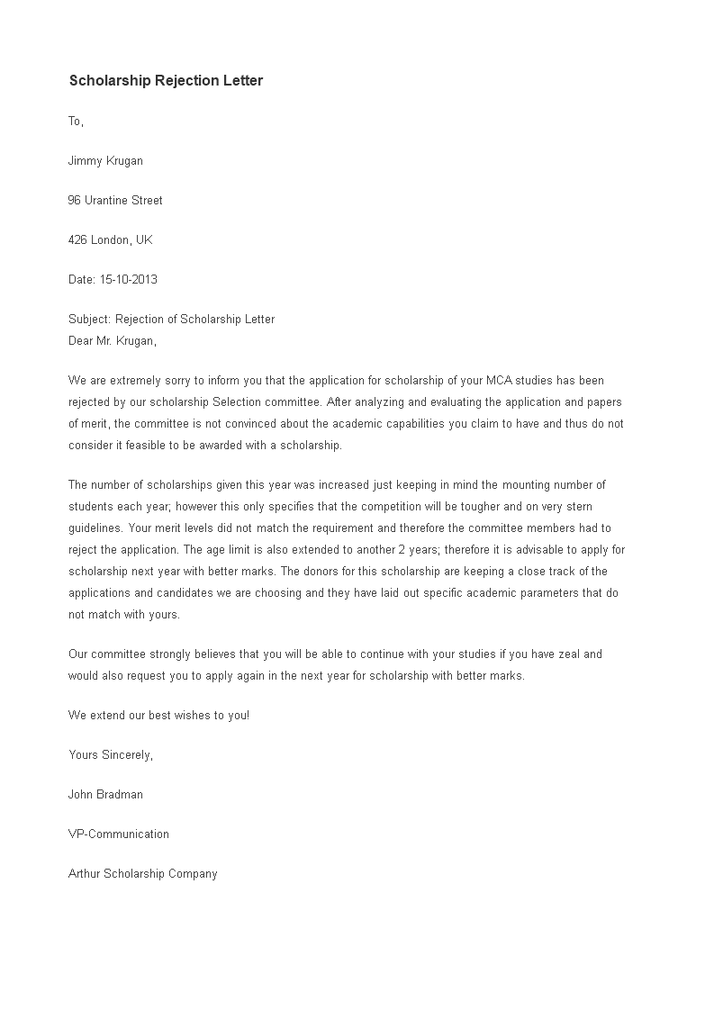 heartfelt scholarship rejection letter by donor modèles