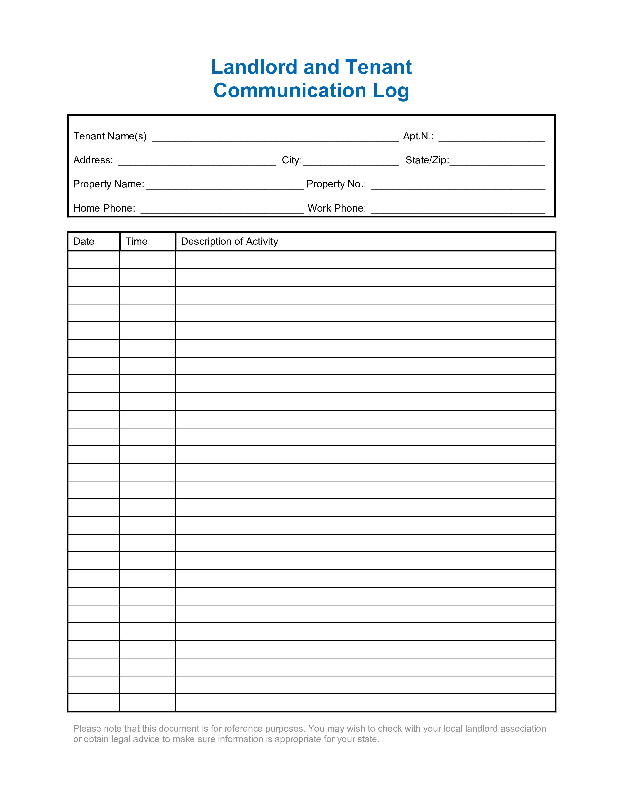 landlord tenant communication log template template