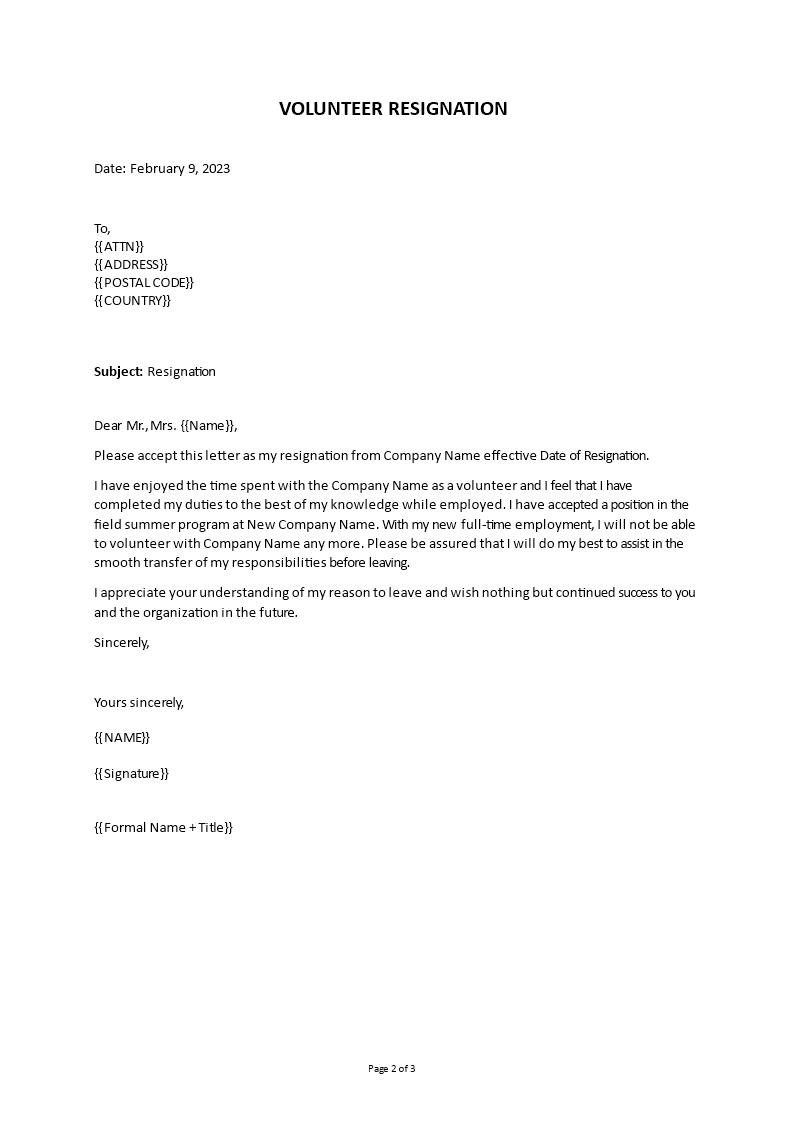 Volunteer Resignation Letter Sample main image