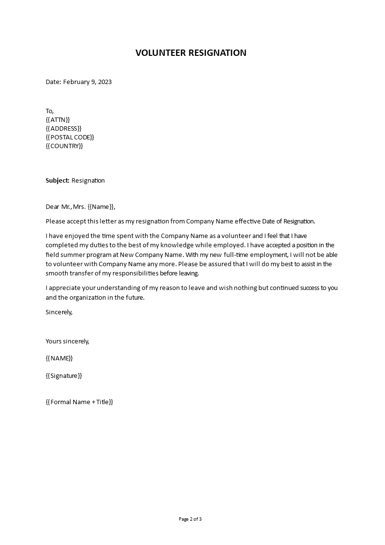 volunteer resignation letter sample template