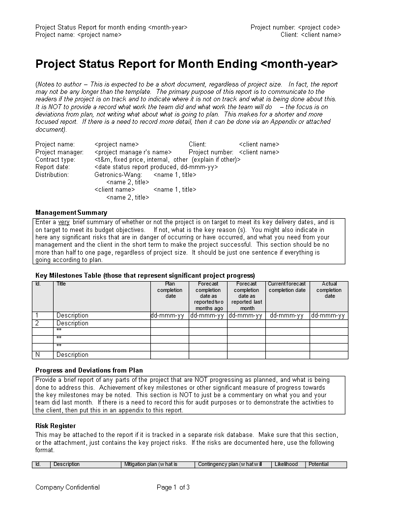 monthly project report template template