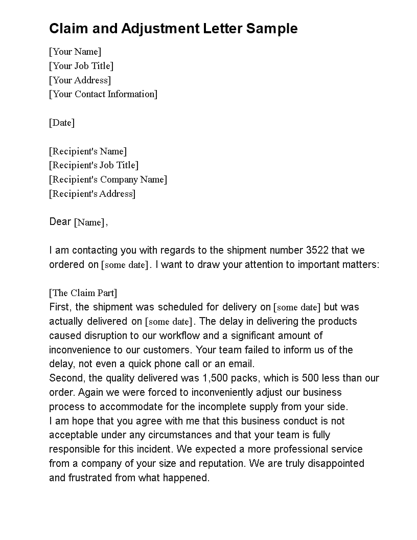 claim and adjustment letter sample template