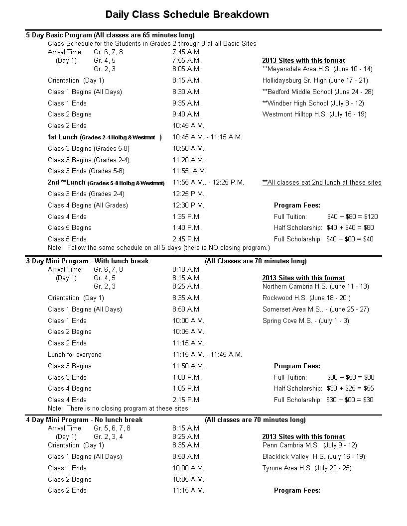 daily class schedule excel modèles