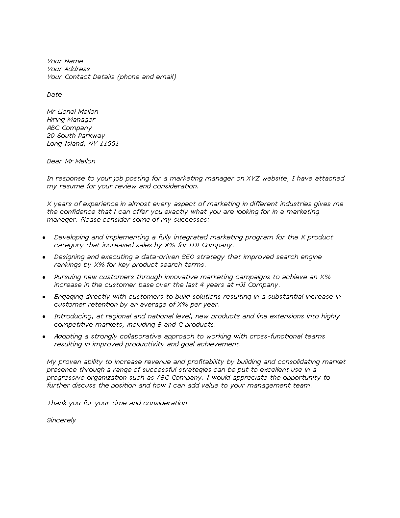 marketing manager job application letter template