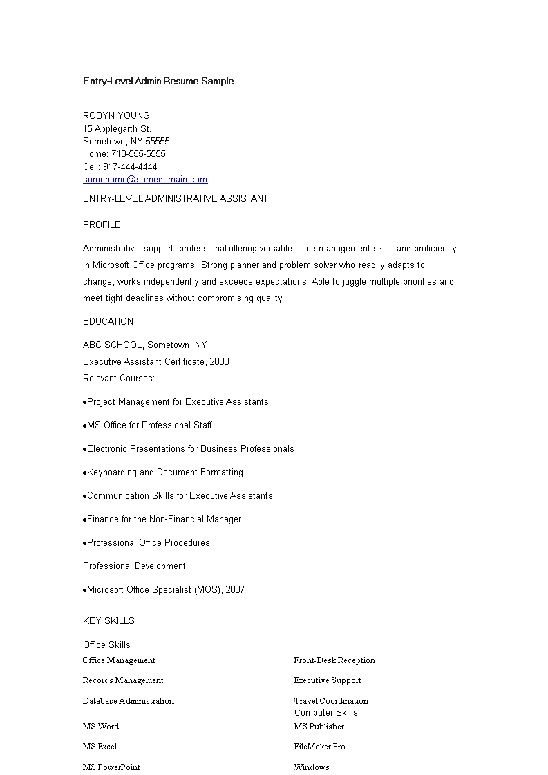 Entry Level Administrative Resume main image