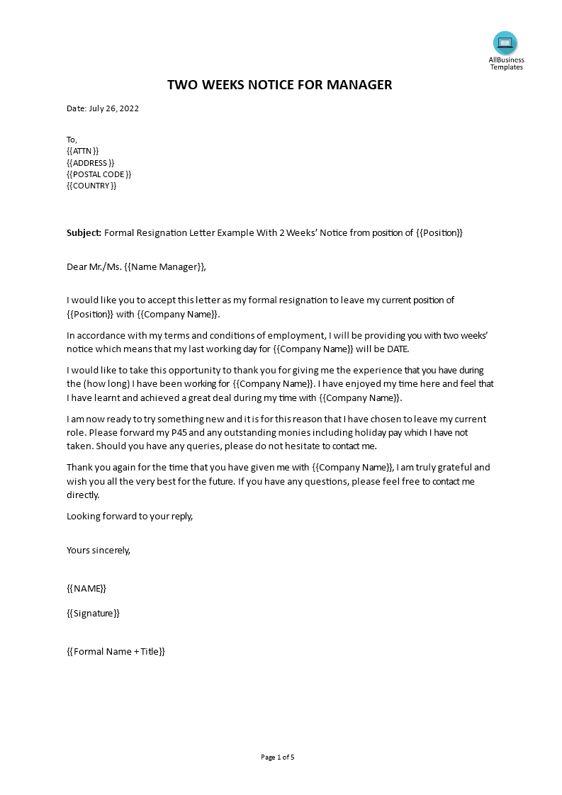 formal resignation letter with 2 weeks notice template
