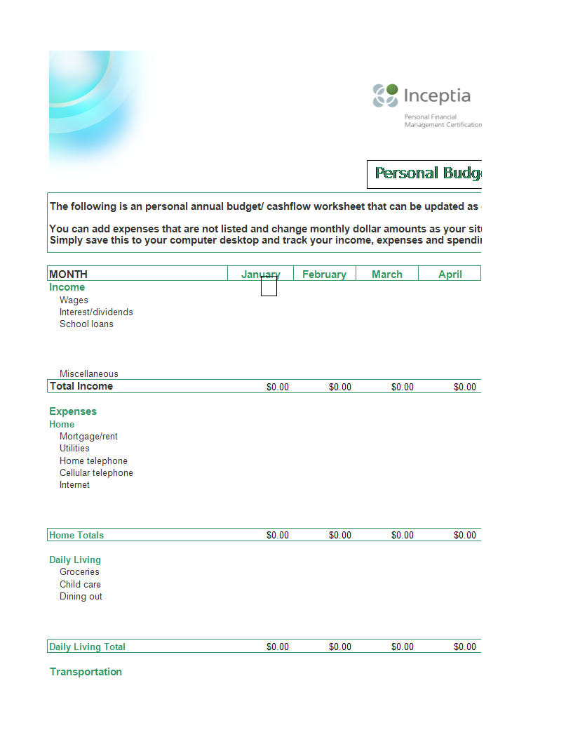 excel annual home budget template