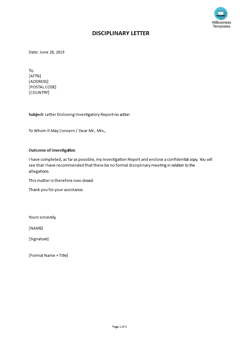 disciplinary letter enclosing investigatory report plantilla imagen principal