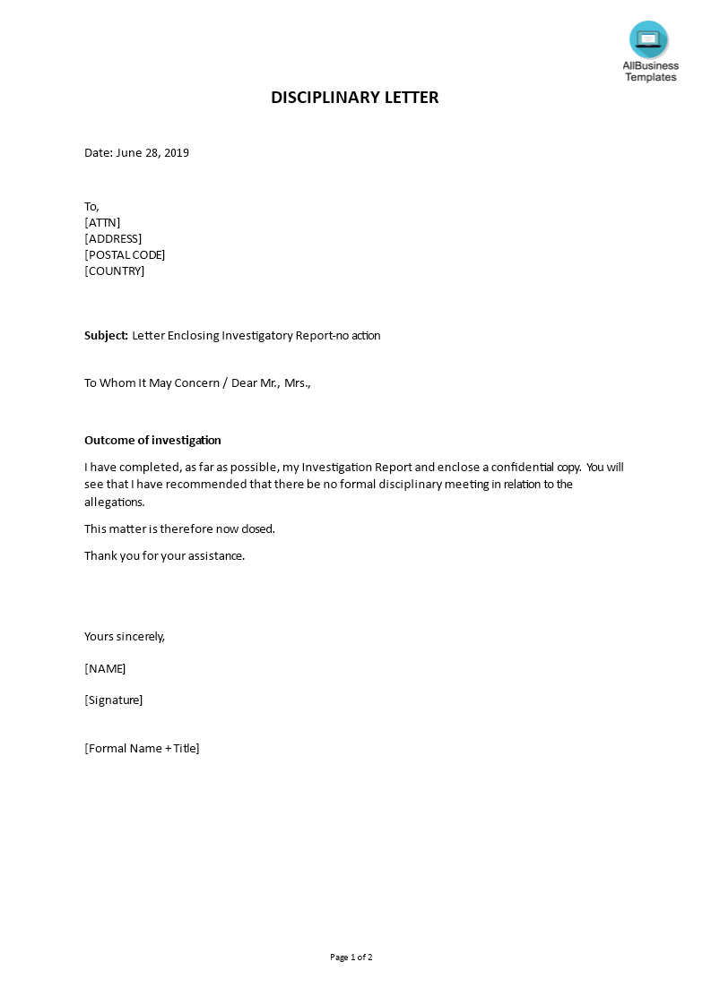 disciplinary letter enclosing investigatory report template